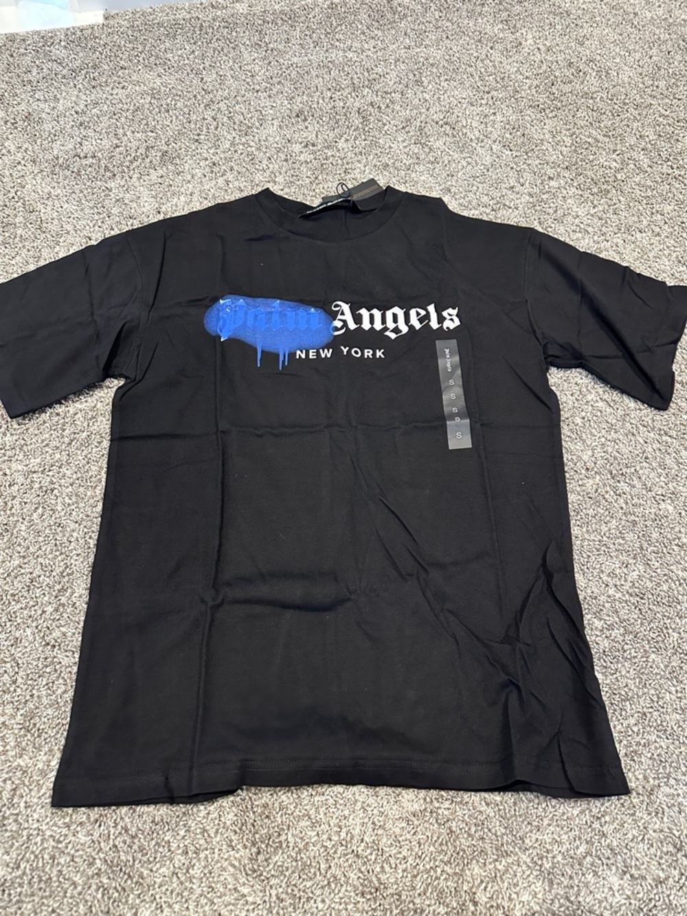 Palm Angels Black Short-Sleeve Tee with Blue Drip Logo